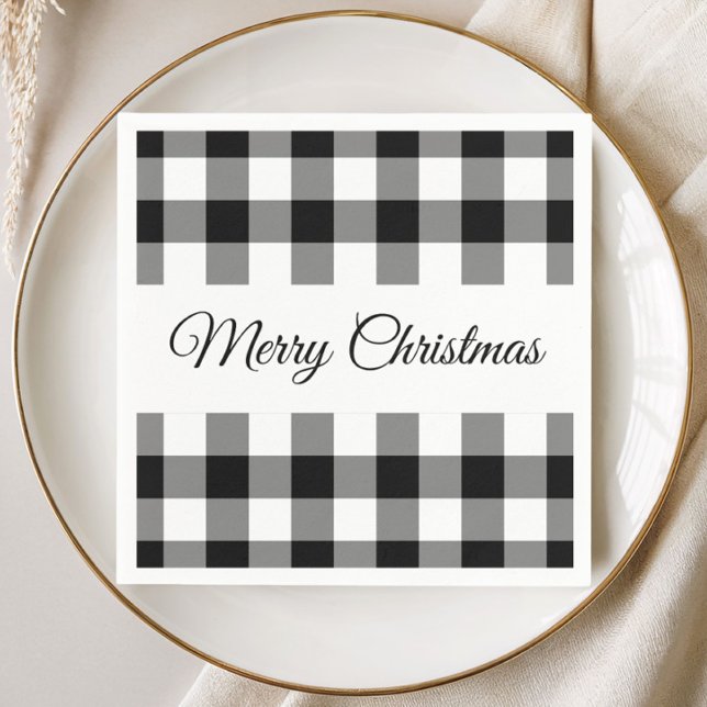 Guardanapo De Papel Natal Alegre Xadrez Preto E Branco Rústico (Rustic Black And White Plaid Merry Christmas Napkins
)