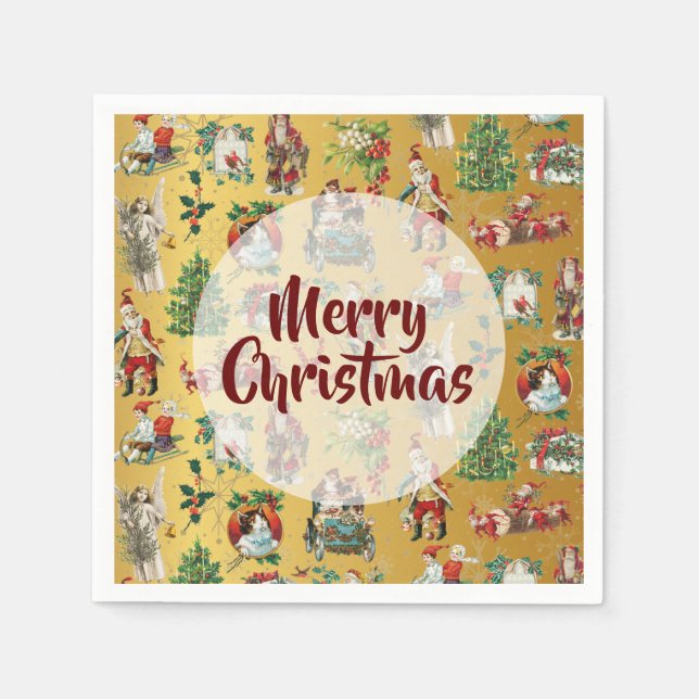 Guardanapo De Papel Natal Antigo Feliz Natal Dourado Retro  (Frente)