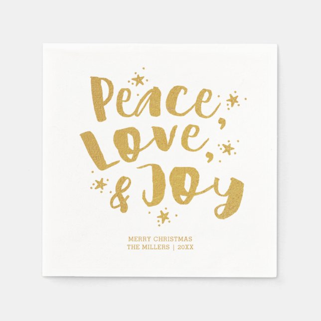 Guardanapo De Papel Natal de Natal Rustic Dourado Peace Love & Joy (Frente)
