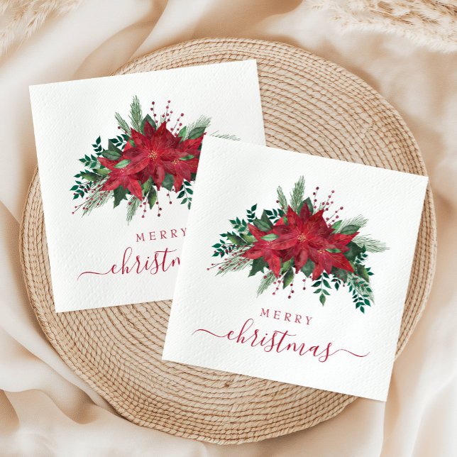 Guardanapo De Papel Natal de Script Floral do Elegante Red Poinsettia (Elegant Red Poinsettia Floral Script Christmas Napkins)