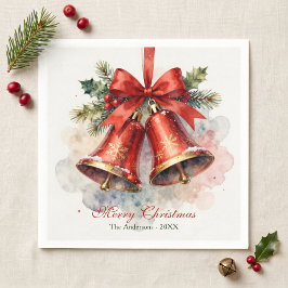 Guardanapo De Papel Natal Elegante em Aquarela com Sininhos Vermelhos