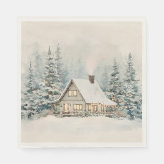 Guardanapo De Papel Natal em Cabana de Inverno com Aquarela Retro