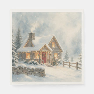 Guardanapo De Papel Natal em Cabana de Inverno com Aquarela Retro