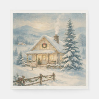 Guardanapo De Papel Natal em Cabana de Inverno com Aquarela Retro