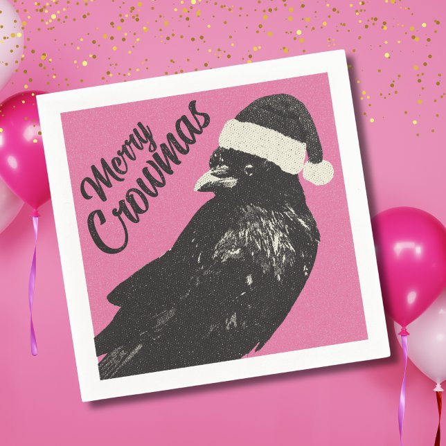 Guardanapo De Papel Natal Feliz da Coroa Rosa e Preto  (Fun Merry Crowmas pink and black crow Christmas party cocktail napkins will make guests smile. )