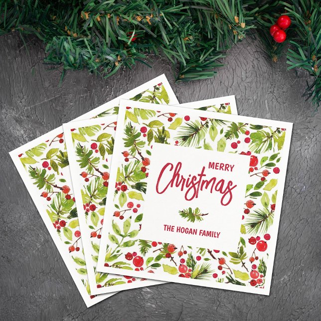 Guardanapo De Papel Natal Greenery Berries Feriado (Personalized Merry Christmas napkins with greenery and berries)