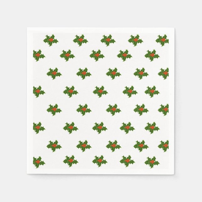 Guardanapo De Papel Natal Holly Pattern Red Berries Folhas Verdes (Frente)