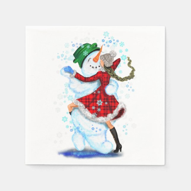 Guardanapo De Papel Natal Napkins Feliz Snowman e Dança de Rapariga (Frente)