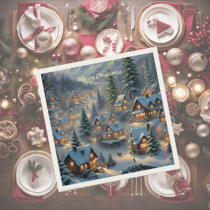 Guardanapo De Papel Natal numa aldeia montanhosa, luzes polares