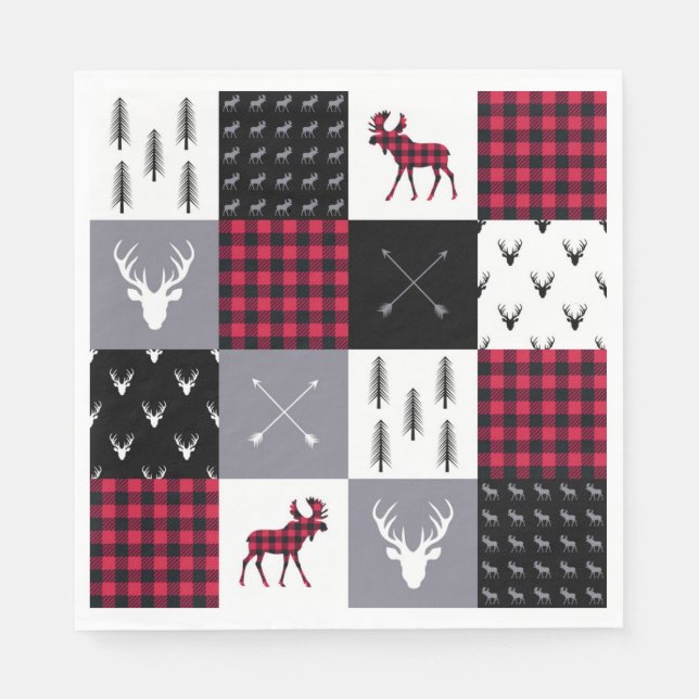 Guardanapo De Papel Natal Rustico de Xadrez Búfalo Remendado Vermelho  (Frente)
