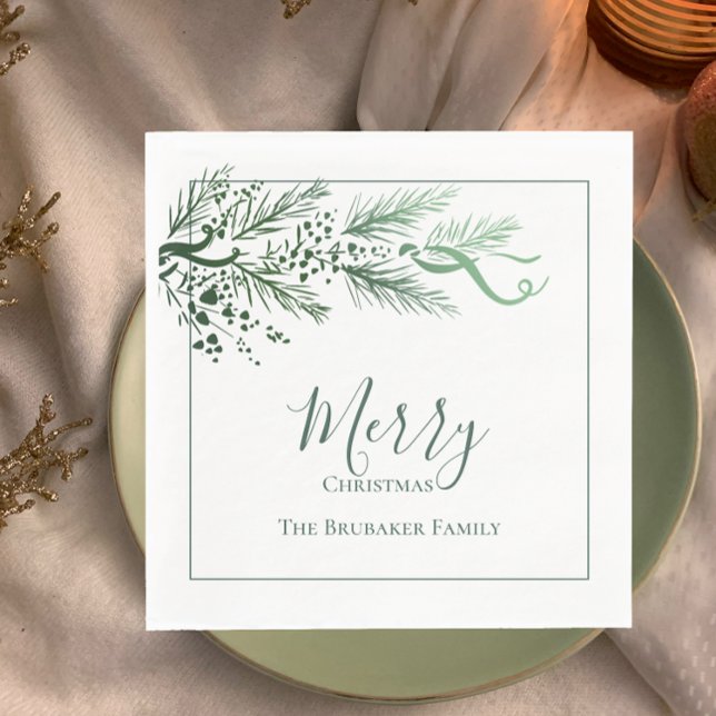Guardanapo De Papel Natal Único do Pinheiro Verde Moderno Personalizad (Add modern style, personalized family name napkins with original art pine greenery Merry Christmas )