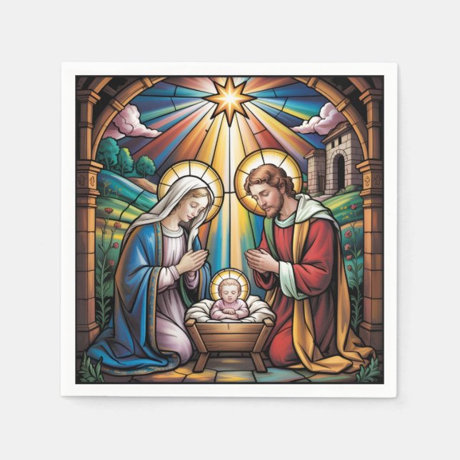 Guardanapo De Papel Nativity Stained Glass Art – Holy Family Christmas (Frente)