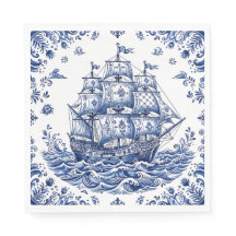 Navio Mercante Estilo Delft Azul e Branco