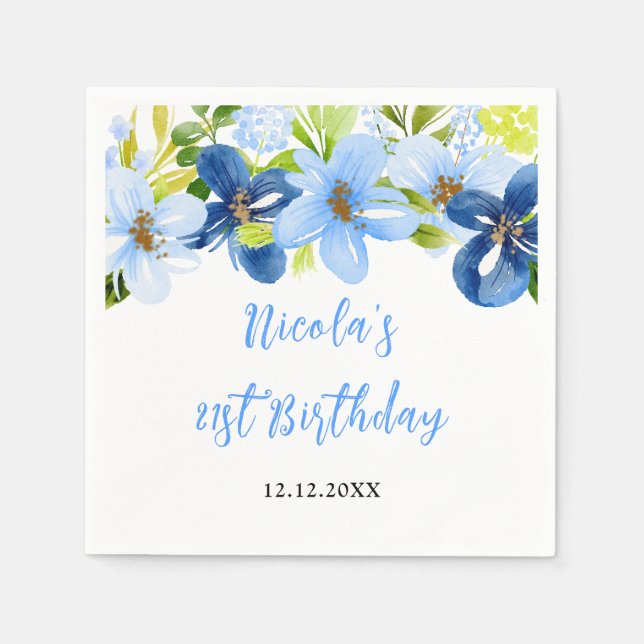 Guardanapo De Papel Navy and Baby Blue Floral Birthday (Frente)
