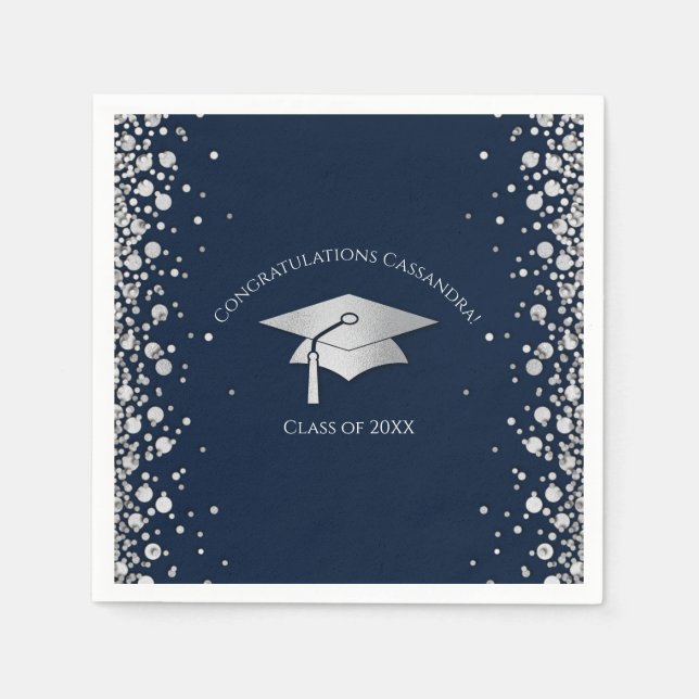 Guardanapo De Papel Navy Blue and Silver Graduation (Frente)