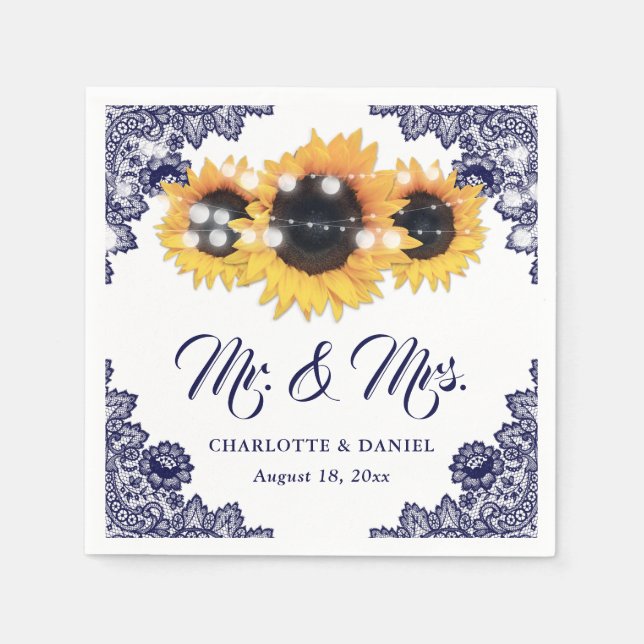 Guardanapo De Papel Navy Blue Floral Lace Sunflower Wedding (Frente)