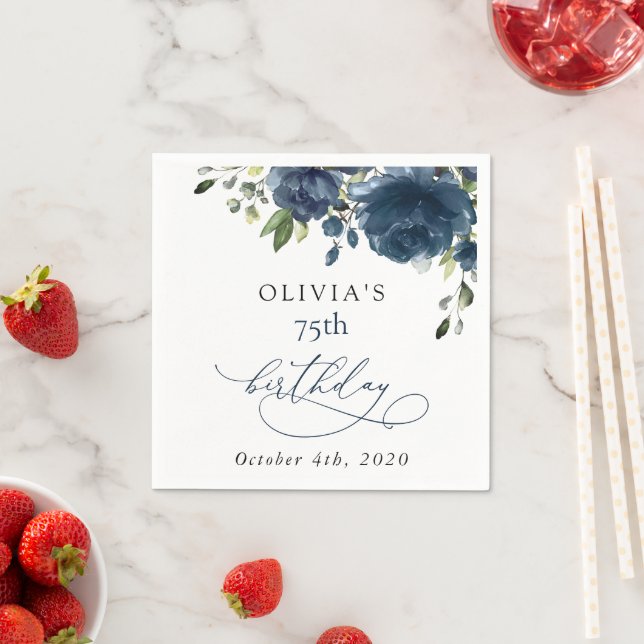 Guardanapo De Papel Navy Blue Flowers, Greenery, Boho, Birthday (Insitu)