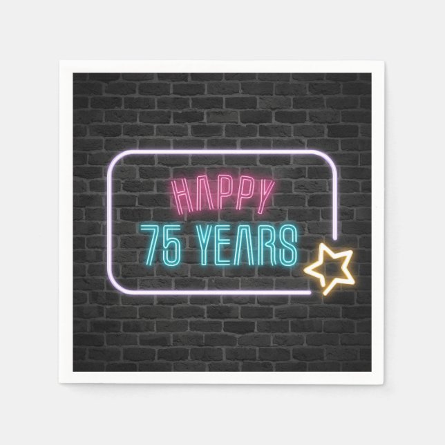 Guardanapo De Papel Neon 75th Birthday Marquee On Brick Wall (Frente)