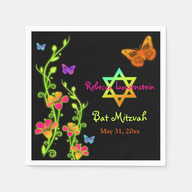 Guardanapo De Papel Neon Butterflies & Flowers Bat Mitzvah Napkins (Frente)
