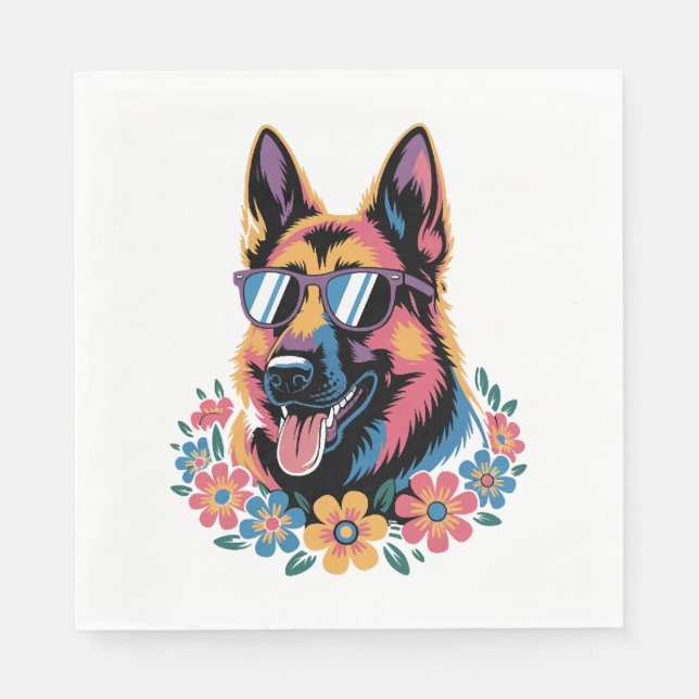 Guardanapo De Papel Neon German shepherd com óculos de sol (Frente)
