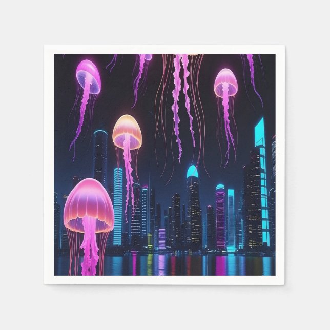 Guardanapo De Papel Neon Jellyfish Over Cyber City (Frente)