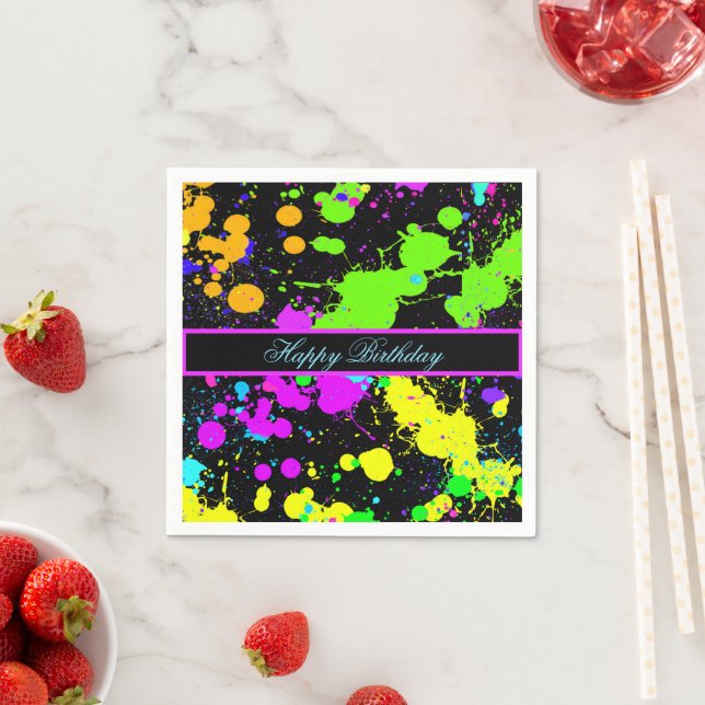 Guardanapo De Papel Neon Paint Pink Green Purple Yellow Feliz Aniversá (Insitu)