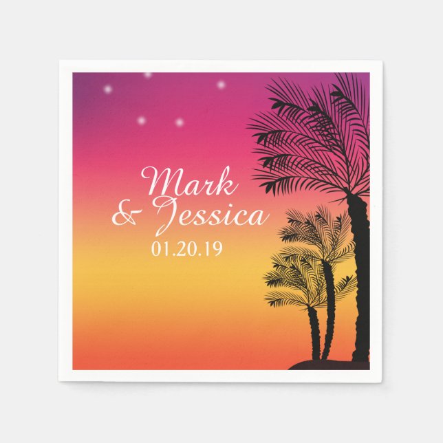 Guardanapo De Papel Neon Pink Ombre Tropical Tree Sunset Beach (Frente)