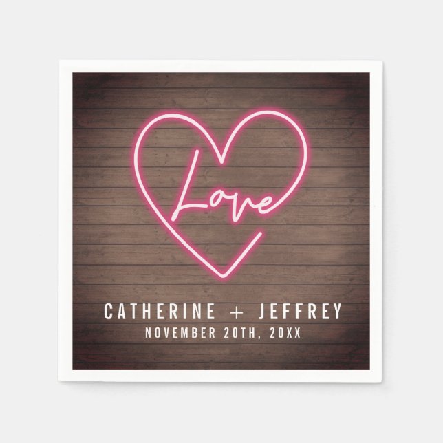 Guardanapo De Papel Neon Sign Love Heart Wood Wedding (Frente)