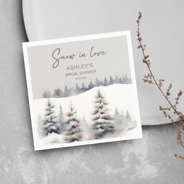 Guardanapo De Papel Neve no amor no inverno floresta de pinheiros chá  (Snow in love winter pine forest bridal shower template napkins watercolor snowy pines casual font)