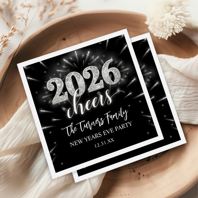 Guardanapo De Papel New Year's Eve 2026 Party Silver & Black (Criador carregado)