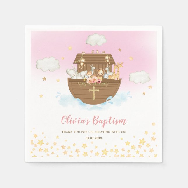 Guardanapo De Papel Noah's Ark Cute Animal Girl Baptism Christening (Frente)