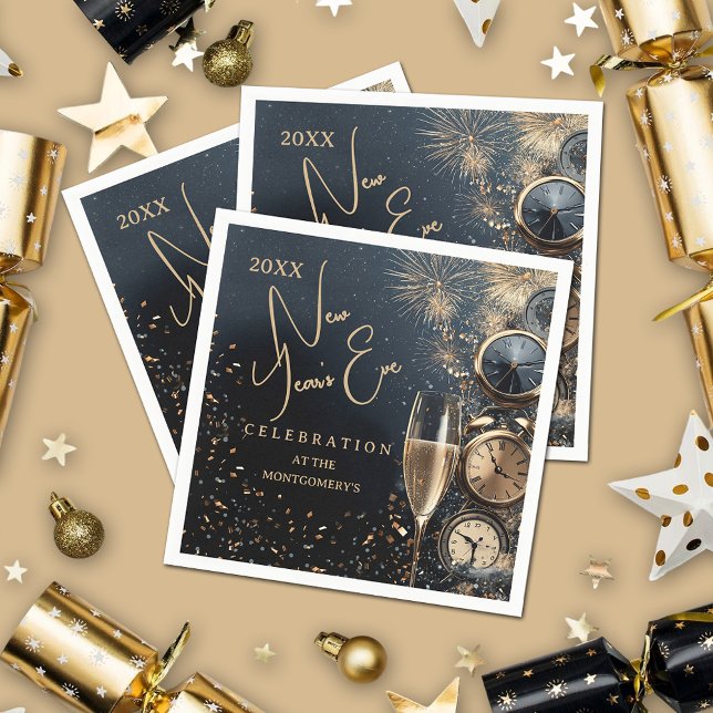 Guardanapo De Papel Noite de Ano Novo Chic Champagne (Chic Champagne and Clocks New Year's Eve party cocktail napkins)