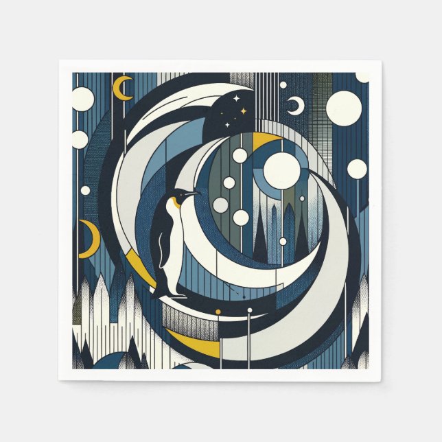 Guardanapo De Papel Noite Geométrica Azul marinho com Lua e Pinguim (Frente)