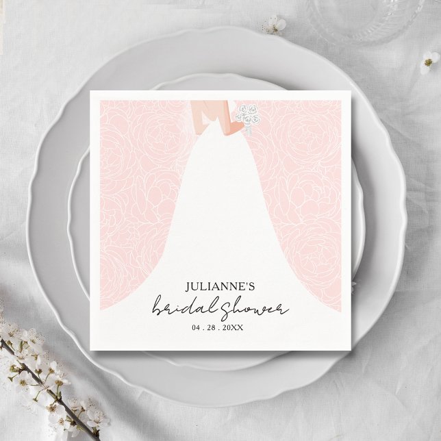 Guardanapo De Papel Noiva Elegante no Chá de panela Rosa (Elegant bride in her gown on a background of sketched roses on pink bridal shower napkins)