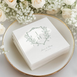 Guardanapo De Papel Noiva Floral Crest Monograma Casamento Verde Sage