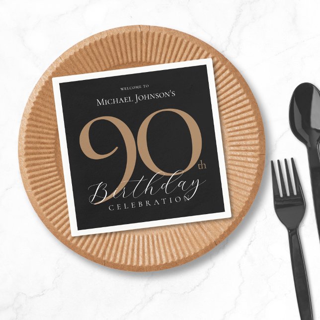 Guardanapo De Papel Noivado Dourado e Elegante preto simples (Simple Elegant Black Gold 90th Birthday Napkins)