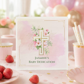 Guardanapo De Papel Nome da Dedicação do Bebê com Floral Cruz em Aquar