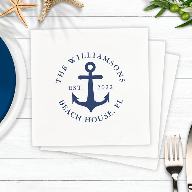 Guardanapo De Papel Nome da família personalizada Marinho branco Ângul (Nautical Napkins with Navy Blue Anchor with Custom Text)