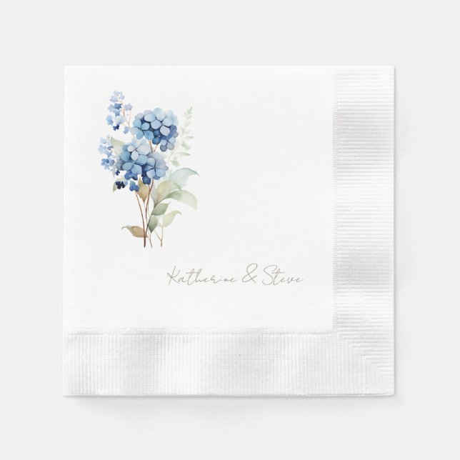 Guardanapo De Papel Nome de Script Moderno Casamento Blue Hydrangea (Frente)