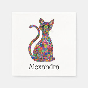 Guardanapo De Papel Nome do Monograma do Mosaico Gato de Flor Branca C