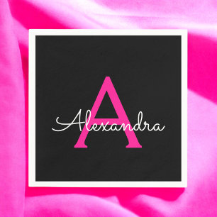 Guardanapo De Papel Nome do Monograma Giratório de Script Preto Rosa 