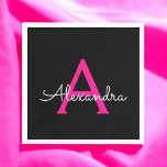 Guardanapo De Papel Nome do Monograma Girly Black Script Hot-Pink<br><div class="desc">Monograma preto e rosa quente,  adicione seu próprio nome,  Papelão de Napkins. Isto faz o doce e perfeito presente de 16 anos,  casamento,  chá de panela,  aniversário,  chá de fraldas ou festa de solteira para alguém que ama luxo de glama e estilos de xícara.</div>