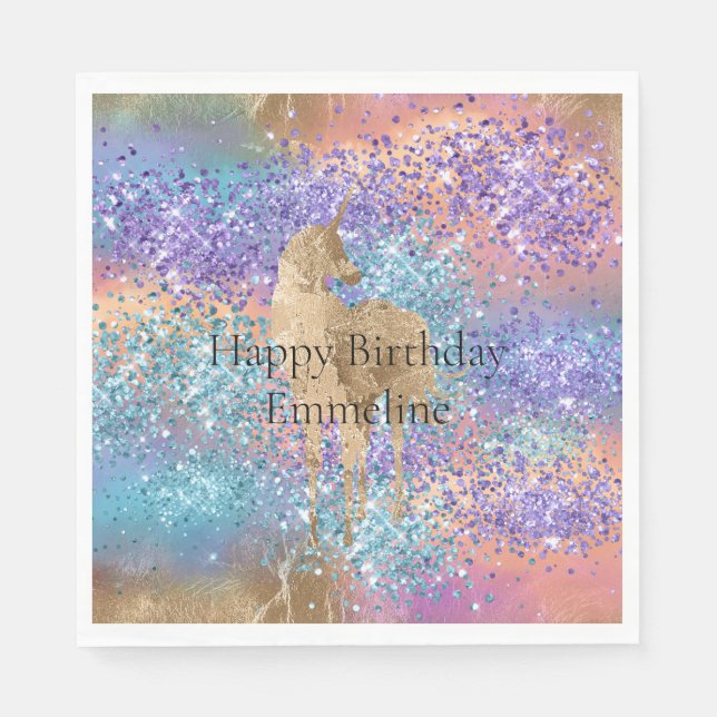 Guardanapo De Papel Nome Dourado da Lâmpada Rosa Púrpura da Unicórn (Frente)