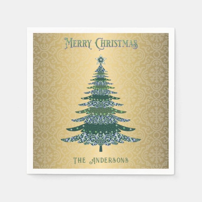 Guardanapo De Papel Nome Dourado Verde da Árvore de Natal Elegante Per (Frente)