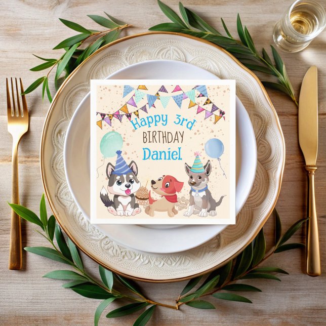 Guardanapo De Papel Nome personalizado do grupo de filhotes bonitos (Cute puppies puppy party personalized name napkins pawty dog themed party printed napkins)