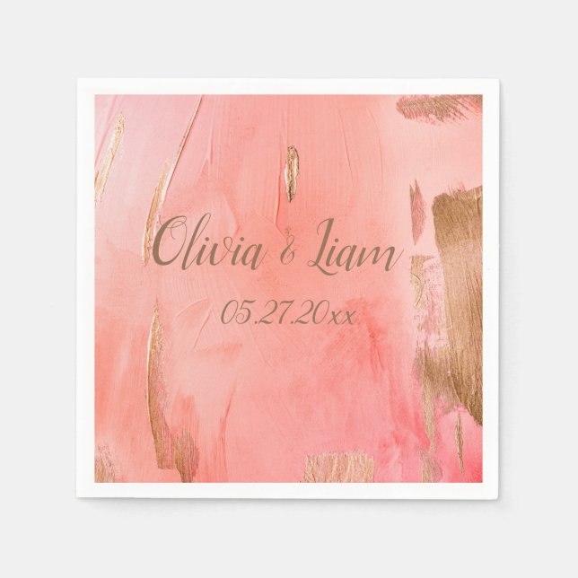 Guardanapo De Papel Nome Pêssego Rosa Dourado Data Casamento Legante (Frente)