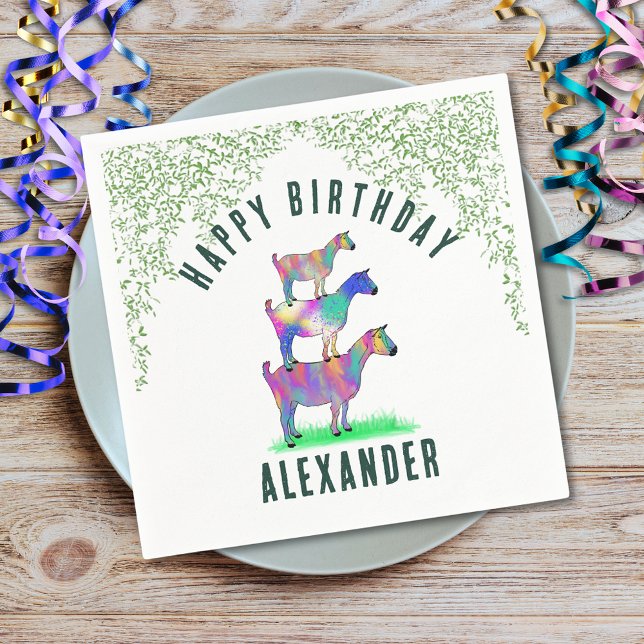 Guardanapo De Papel Nome verde da Festa de aniversário de Goat Themed (Cute goats colorful farm animal art happy birthday party custom paper plates)