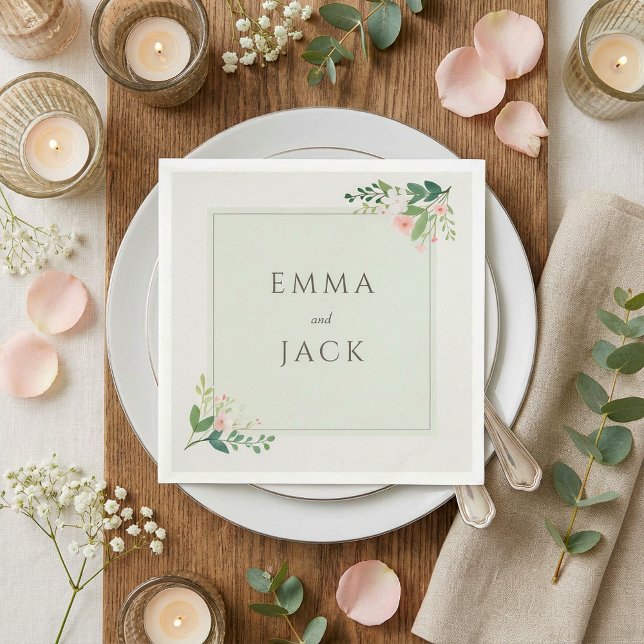 Guardanapo De Papel Nomes de greenery rosa suave casamento (Soft pink greenery names wedding napkins.)