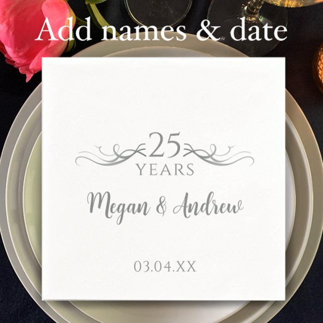 Guardanapo De Papel Nomes do Casal Moderno Aniversário de 25 Anos de C (Add couple’s names and wedding anniversary date for elegant 25th wedding anniversary party napkins)