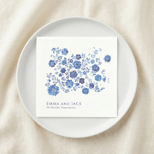 Guardanapo De Papel Nomes e data de casamento floral Chinoiserie azul